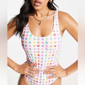 Urban Threads scoop back swimsuit in white and pink plaid US 6